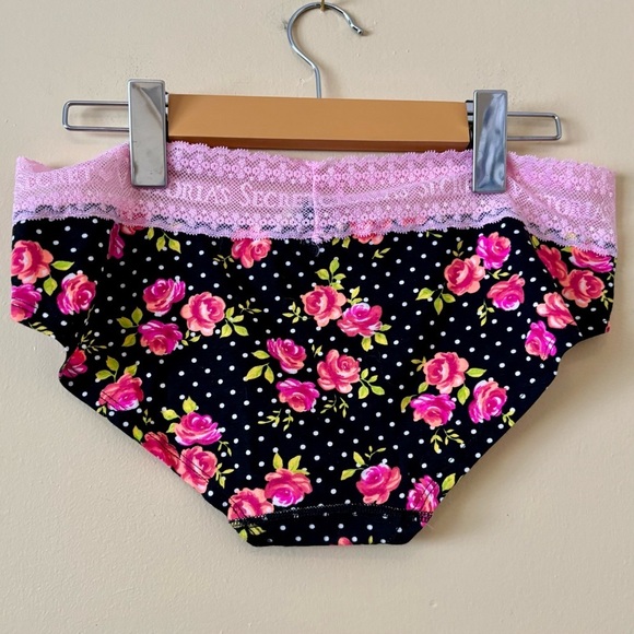 Victoria's Secret| NEW Pink/Black Floral Lace & Cotton Hip-hugger Panty Sz L NWT - Picture 2 of 3